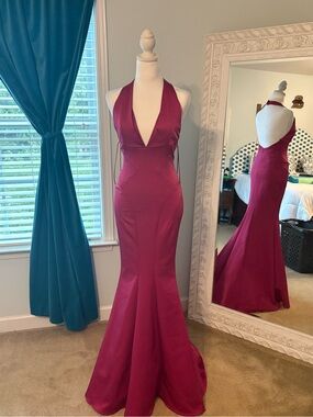 Zac Posen Plunge Halter Backless Mermaid Evening Gown in Deep Fuchsia